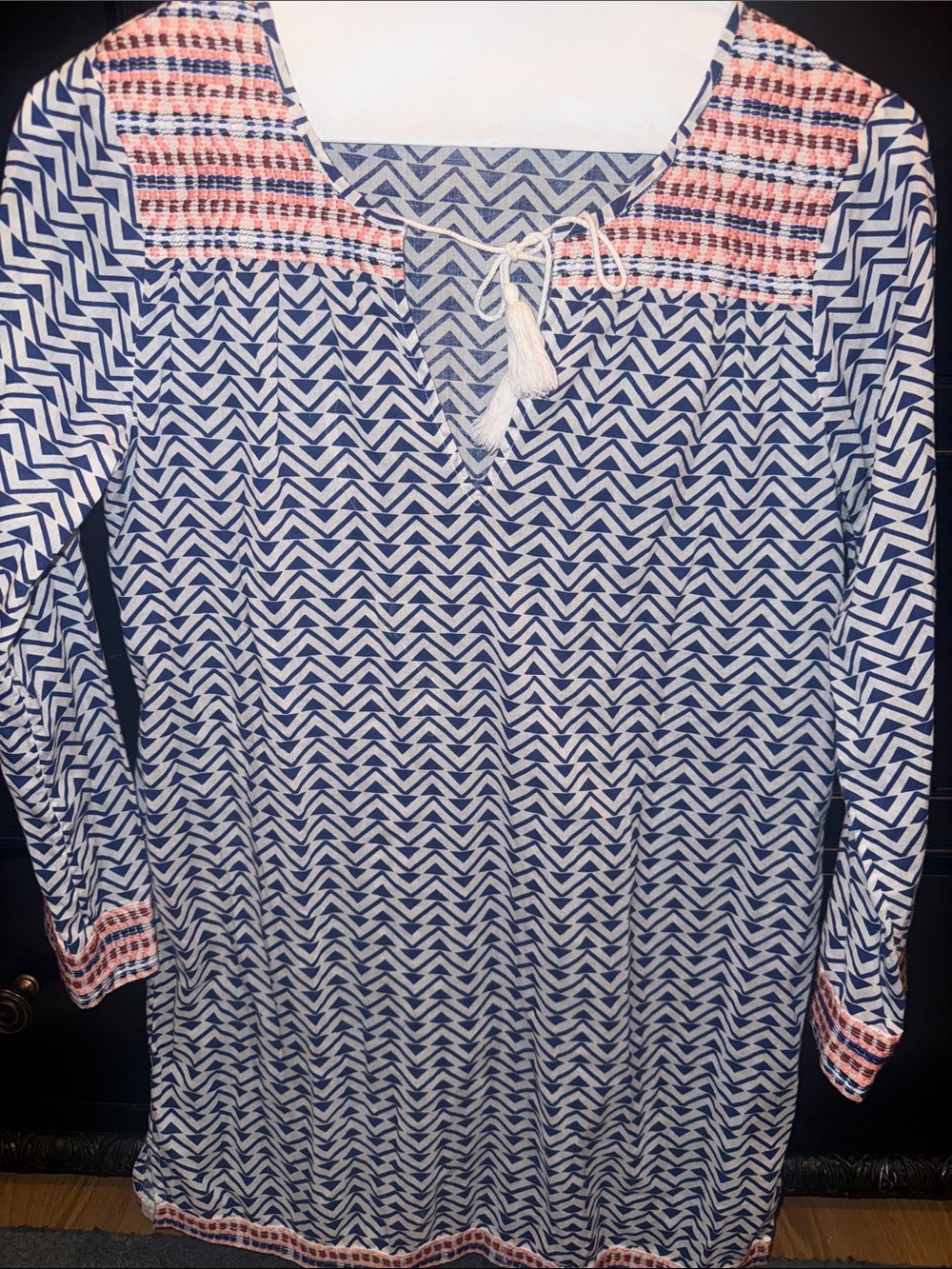 Soft Joie Navy & White Geometric Tunic with Coral Embroidery